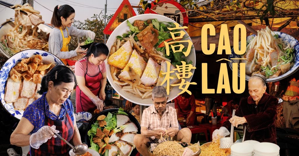 A collage of people eating food and a sign that says cao lau.