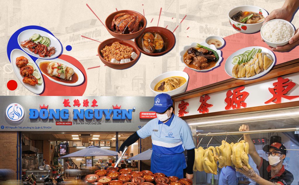A restaurant worker in a blue shirt and blue hat is serving Chinese food.